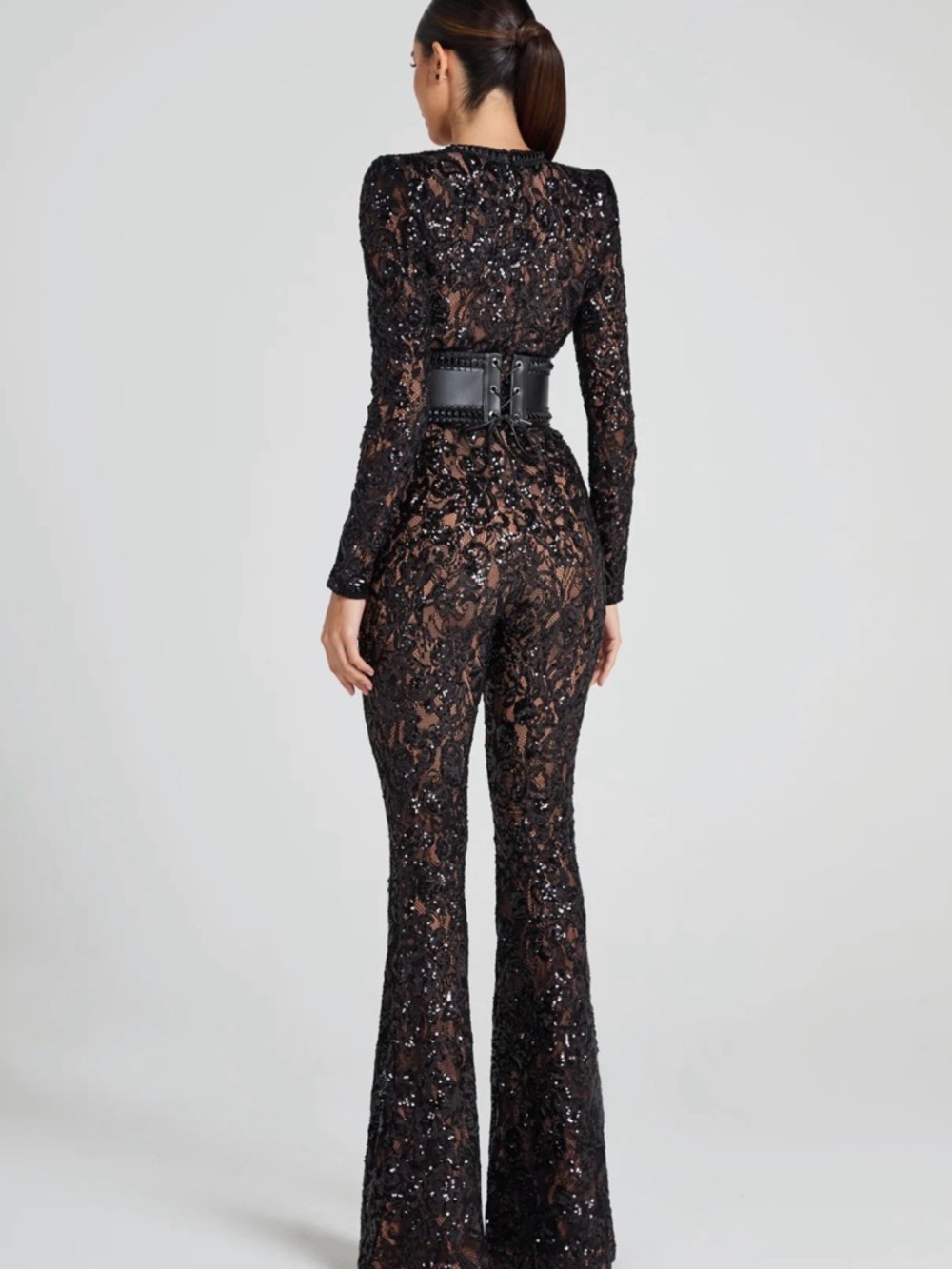 NADINE MERABI Bella Black Sequin Lace Long-Sleeve Jumpsuit - Picture 3 of 5